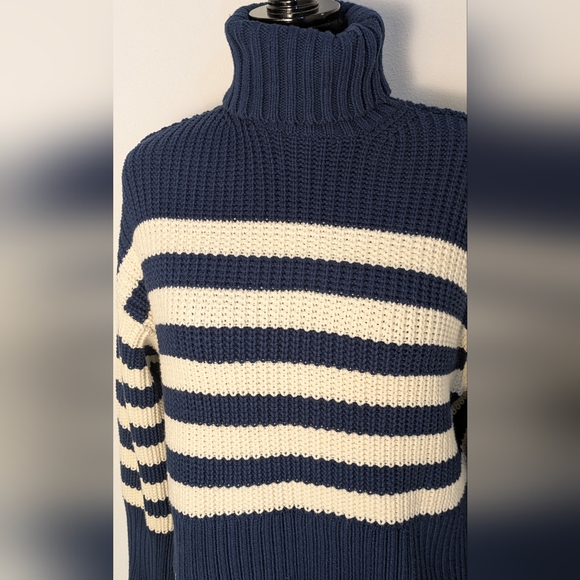 Madewell Wide Rib Turtleneck Crop Sweater New Sz S Oversized Striped Blue Cream - Picture 5 of 13